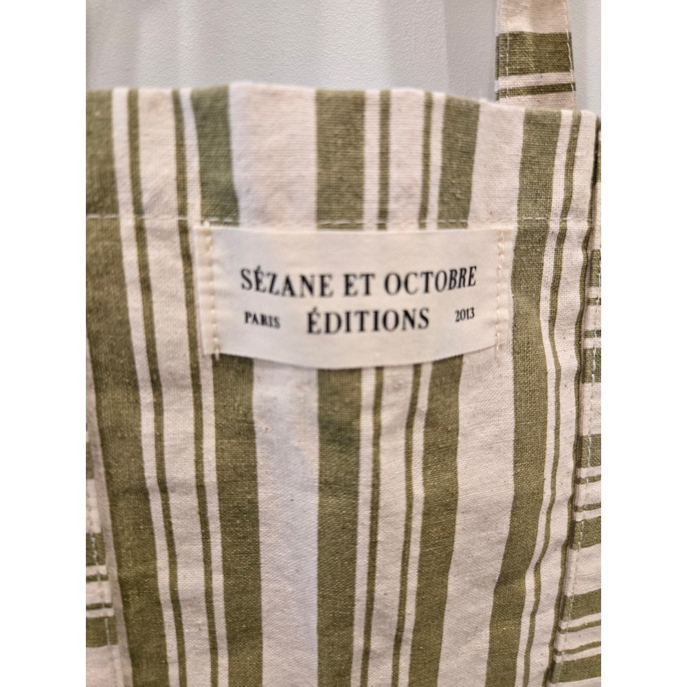 Sezane et Octobre Editions Paris Striped Canvas Tote Bag Olive Green Cream - Picture 5 of 9
